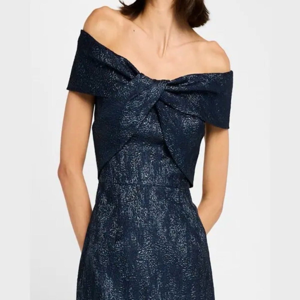 Rickie Freeman for Teri Jon Navy Off-Shoulder Twist-Front Dress